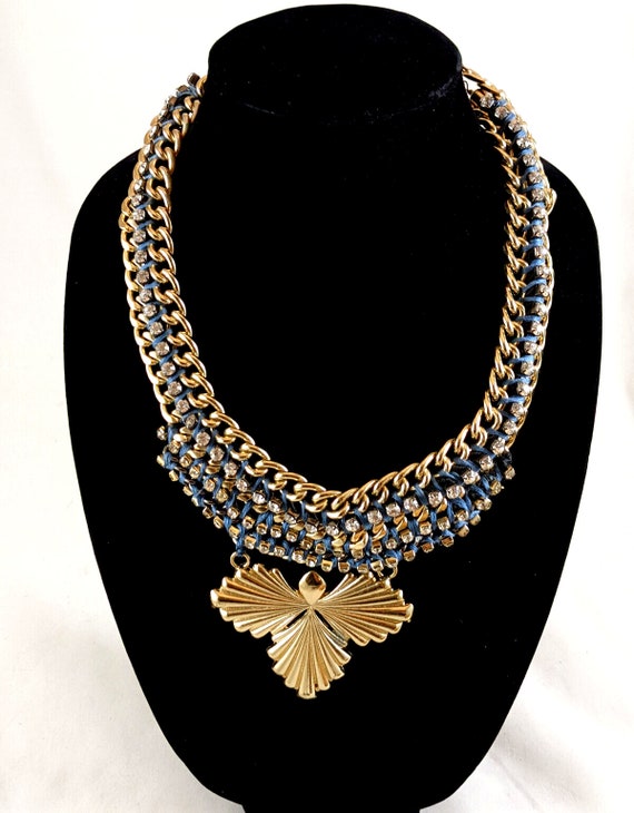 Blue Woven Cord Rhinestone w/Gold Chain Necklace … - image 1