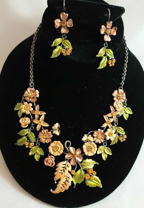 Floral Copper/Rust and Rhinestone Necklace/Pierce… - image 2