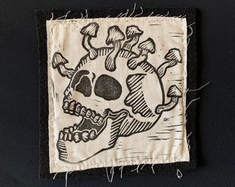 Mushroom Skull Patch: Handmade Lino Cut Print, Iron On