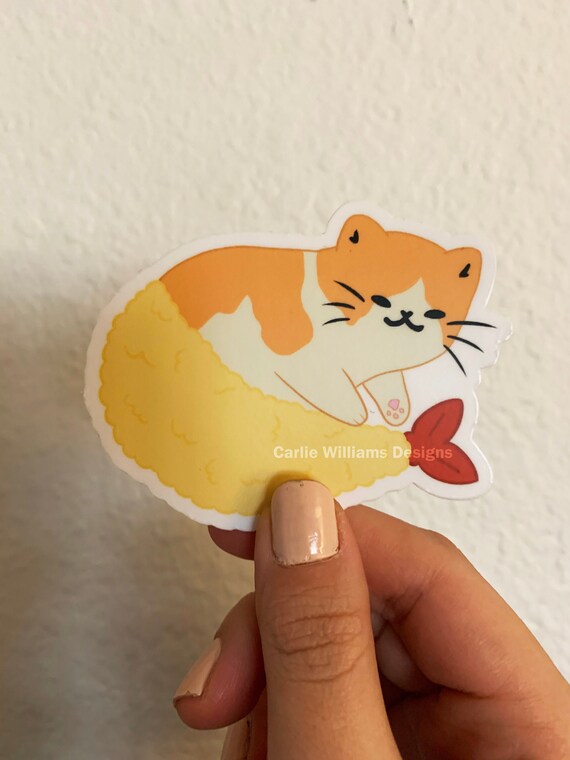 Tempura Shrimp Cat Matte Vinyl Sticker Etsy UK