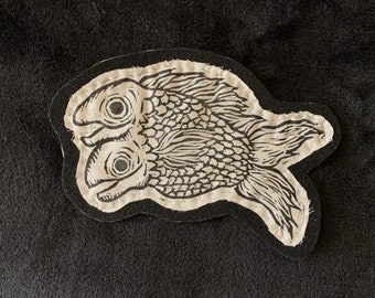 Handmade Mutant Two-Headed Fish Patch: Lino Cut Print and Iron On Patch