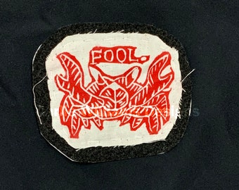 Crab 'Fool' Patch - Lino cut Print Stamp Patch, Handmade Patch, Iron On Patch