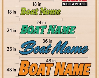 May include: A wooden sign displaying "SELECT A SIZE" at the top. It shows boat name decals in various sizes, from 5 cm to 122 cm. The sign also features the "EPIC SIGNS & GRAPHICS" logo.