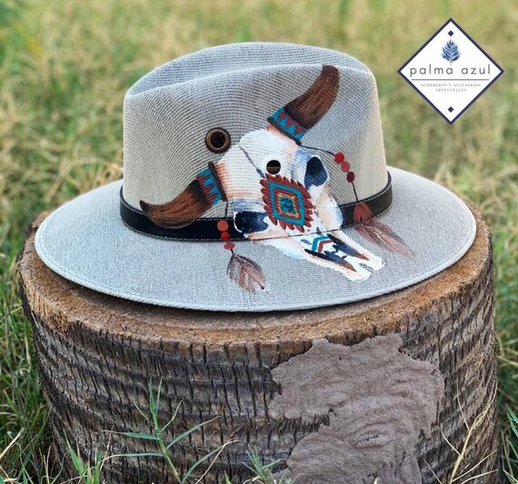 Bull Skull 2 Hand Painted Panama Hat - Etsy