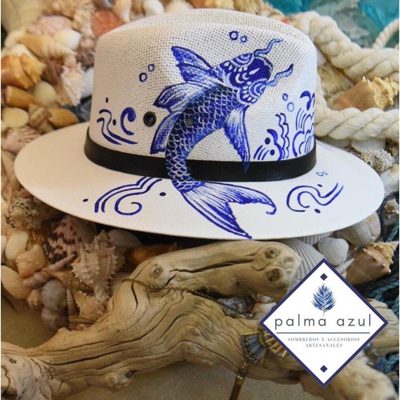 Blue Koi Fish Hand Painted Panama Hat 