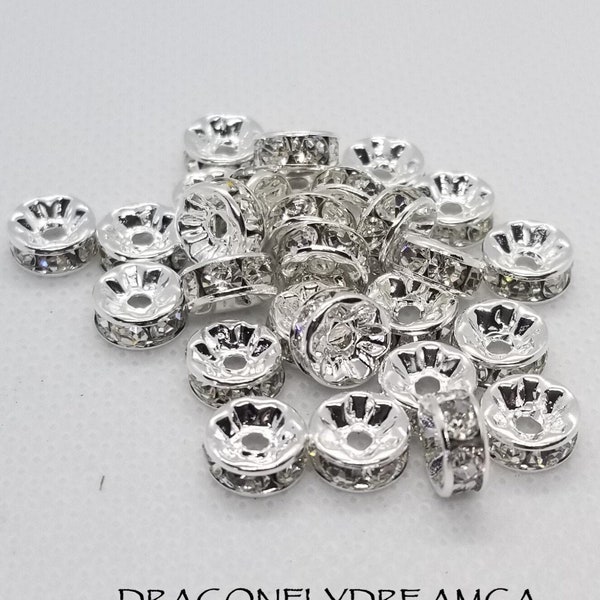 10 pièces d'espacement avec strass argentés brillants, Sans nickel, Cristal incolore, 8x3,8 mm, Trou 1,5 mm, couleur platine