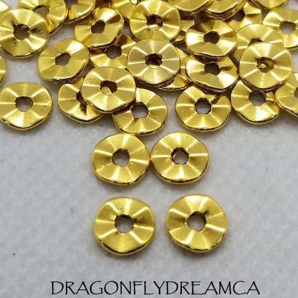 20 pieces Small Golden Wavy Spacer Discs, Tibetan Style Alloy, Cadmium, Nickel, Lead Free, 7mm diameter, 1mm thick, Hole 1mm