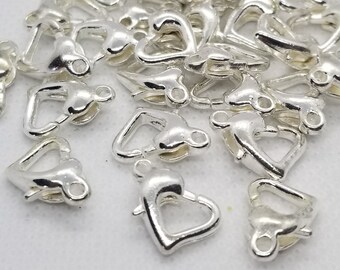 10 pezzi di fermagli per artiglio di aragosta in argento brillante, connettore, a forma di cuore, platino, anelli di salto opzionali, senza nichel, circa 9x12x4mm, foro 1,2 mm