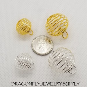 10 pcs Spiral Bead Cages, Round, Silver or Golden, SM 15x14mm w 5mm hole or LG 25x20mm w 6mm hole, Jump Rings Optional, see description image 1