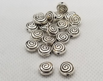 10 pieces Silver Carved Vortex Spacer Beads, Whirlpool, Spiral, Cadmium, Lead Free, Flat Round, Antique Silver, 8x4mm, Hole 1.5mm