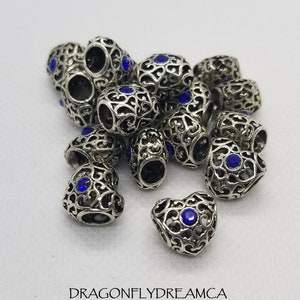 5 pieces Large Filigree Heart with Blue Rhinestone, Large Hole Beads, Open Wirework, Antique Silver, 12x12.5x9.5mm, Hole 5mm