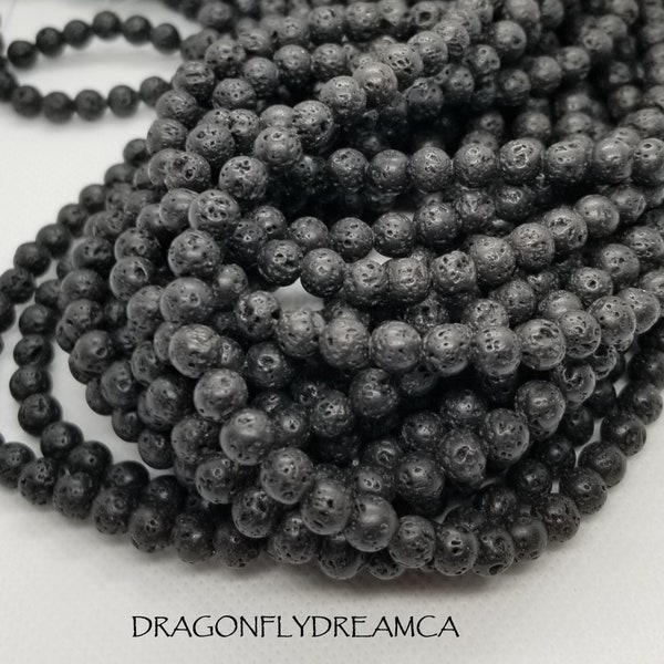 1 strand Natural Black Lava Stone Beads, Round, Waxed, 6 or 8mm, Hole 1mm, Full strand 15.5", about 60pcs/strand 6mm, about 48pcs/strand 8mm