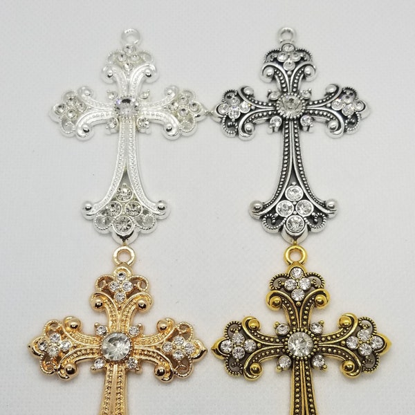 2 pcs Extra Large Rhinestone Cross, Big Pendant, Choose from Silver, Antique Silver, Gold or Antique Gold, 75x50x7mm, Hole 3.5mm