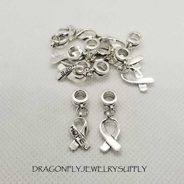 5 pieces Hope Ribbon, Awareness Ribbon, Large Hole, Tibetan style Dangle Charm, Antique Silver, 30mm, Hole 5mm, Breast Cancer