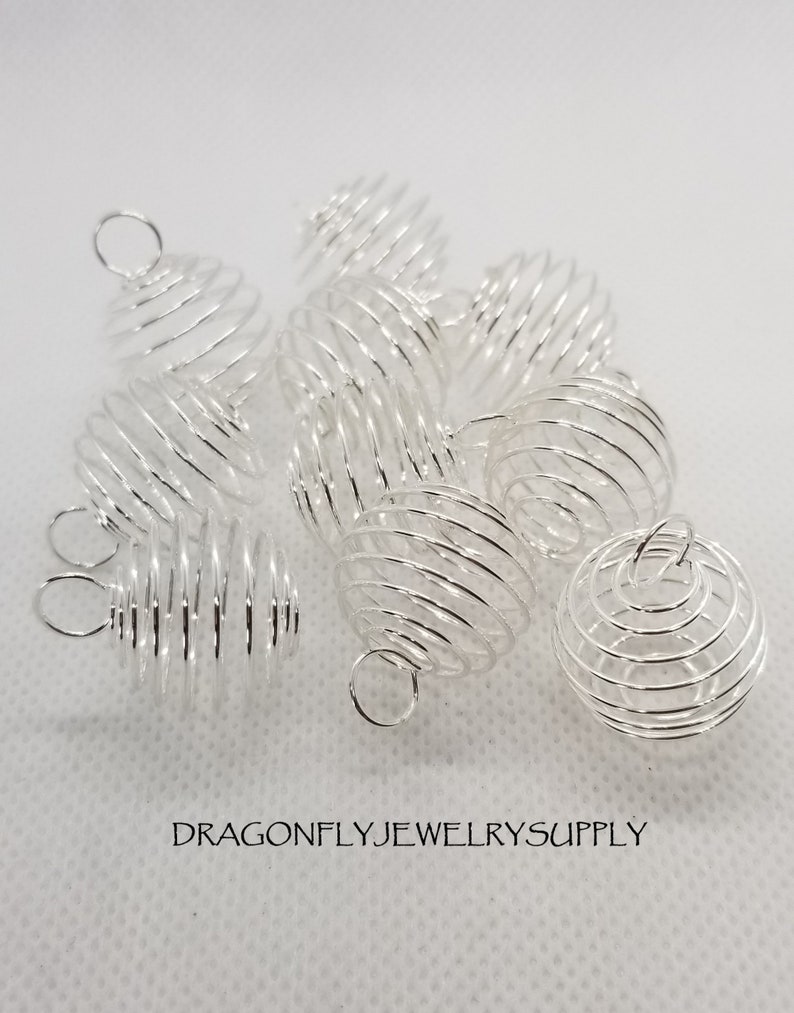 10 pcs Spiral Bead Cages, Round, Silver or Golden, SM 15x14mm w 5mm hole or LG 25x20mm w 6mm hole, Jump Rings Optional, see description LG Silver With Jump