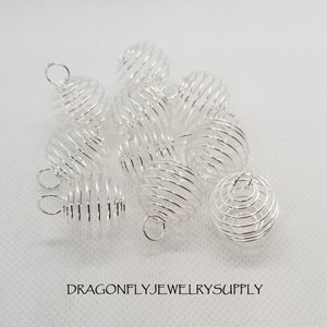 10 pcs Spiral Bead Cages, Round, Silver or Golden, SM 15x14mm w 5mm hole or LG 25x20mm w 6mm hole, Jump Rings Optional, see description LG Silver no Jump