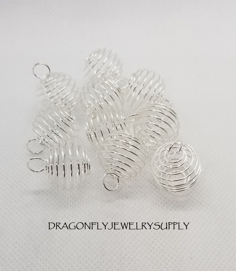 10 pcs Spiral Bead Cages, Round, Silver or Golden, SM 15x14mm w 5mm hole or LG 25x20mm w 6mm hole, Jump Rings Optional, see description LG Silver no Jump