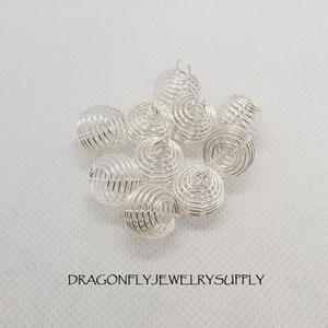 10 pcs Spiral Bead Cages, Round, Silver or Golden, SM 15x14mm w 5mm hole or LG 25x20mm w 6mm hole, Jump Rings Optional, see description SM Silver no Jump