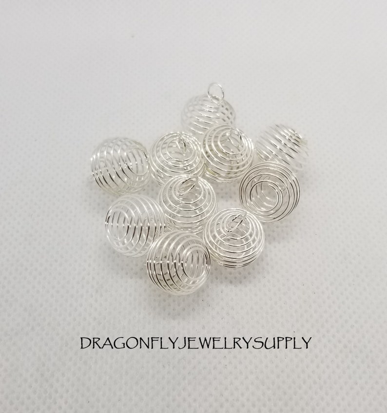 10 pcs Spiral Bead Cages, Round, Silver or Golden, SM 15x14mm w 5mm hole or LG 25x20mm w 6mm hole, Jump Rings Optional, see description SM Silver no Jump
