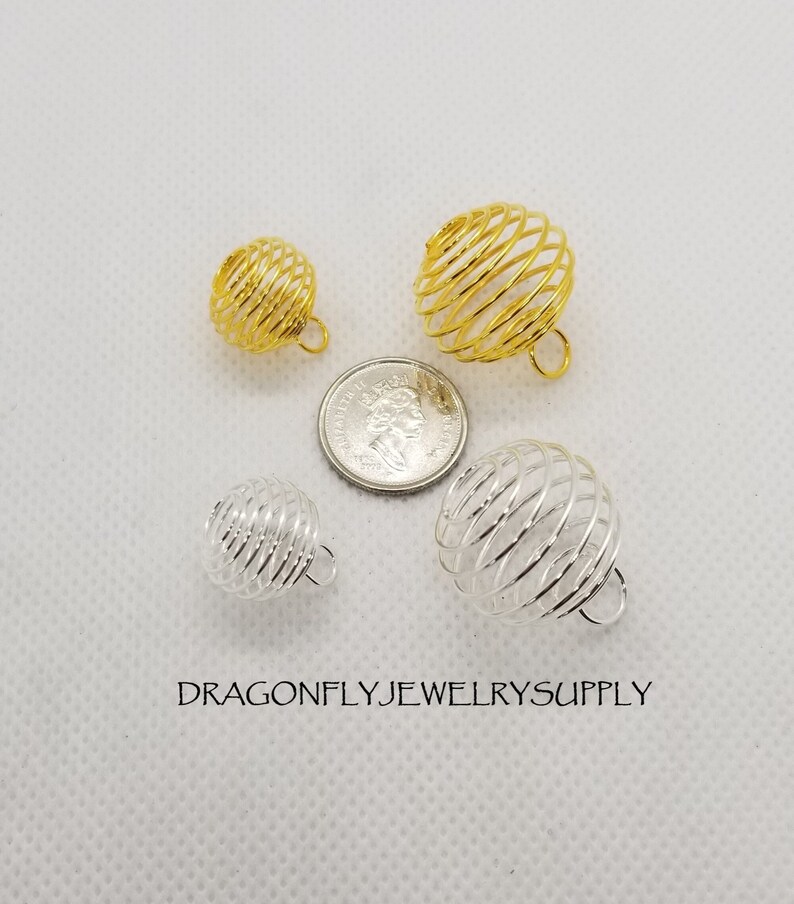 10 pcs Spiral Bead Cages, Round, Silver or Golden, SM 15x14mm w 5mm hole or LG 25x20mm w 6mm hole, Jump Rings Optional, see description image 1