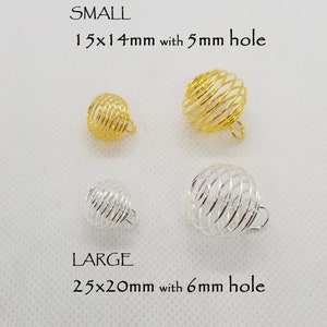10 pcs Spiral Bead Cages, Round, Silver or Golden, SM 15x14mm w 5mm hole or LG 25x20mm w 6mm hole, Jump Rings Optional, see description image 2