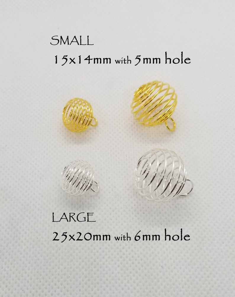 10 pcs Spiral Bead Cages, Round, Silver or Golden, SM 15x14mm w 5mm hole or LG 25x20mm w 6mm hole, Jump Rings Optional, see description image 2