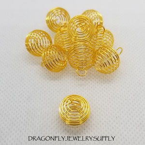 10 pcs Spiral Bead Cages, Round, Silver or Golden, SM 15x14mm w 5mm hole or LG 25x20mm w 6mm hole, Jump Rings Optional, see description SM Gold with Jump