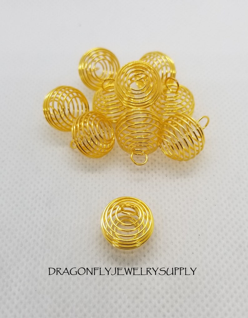 10 pcs Spiral Bead Cages, Round, Silver or Golden, SM 15x14mm w 5mm hole or LG 25x20mm w 6mm hole, Jump Rings Optional, see description SM Gold with Jump