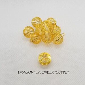 10 pcs Spiral Bead Cages, Round, Silver or Golden, SM 15x14mm w 5mm hole or LG 25x20mm w 6mm hole, Jump Rings Optional, see description SM Gold no Jump