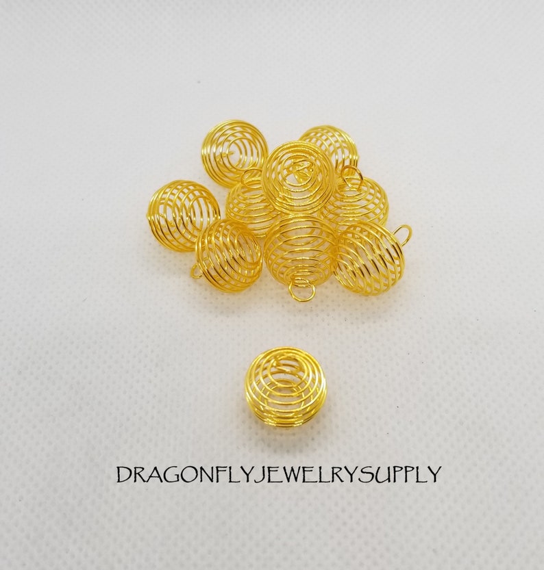 10 pcs Spiral Bead Cages, Round, Silver or Golden, SM 15x14mm w 5mm hole or LG 25x20mm w 6mm hole, Jump Rings Optional, see description SM Gold no Jump