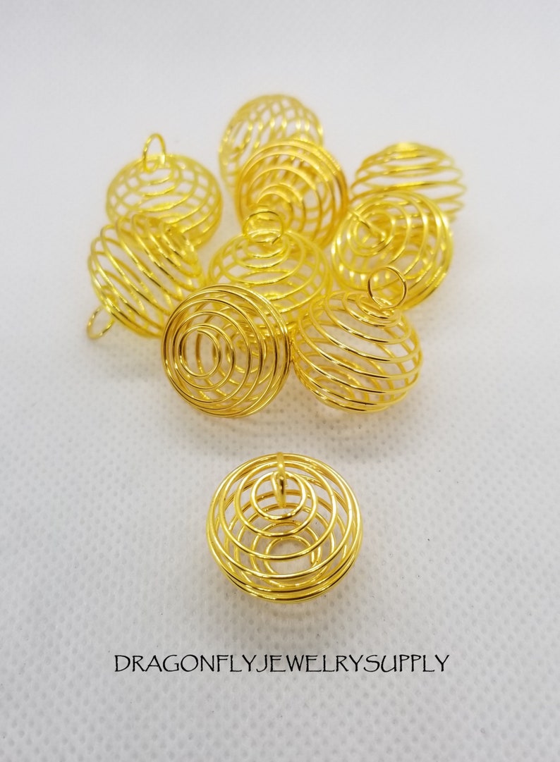 10 pcs Spiral Bead Cages, Round, Silver or Golden, SM 15x14mm w 5mm hole or LG 25x20mm w 6mm hole, Jump Rings Optional, see description image 8