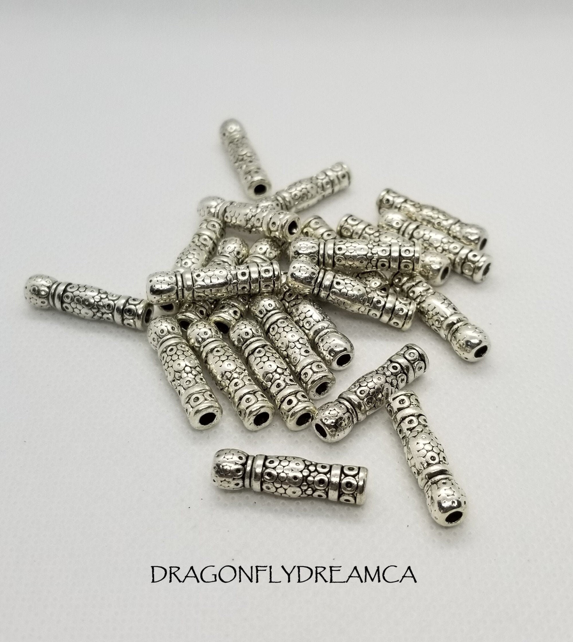 10 PACK 13mm Etched Metal Tube Beads, Etched Design, Antiqued Silver Color,  Cylinder Engraved Tube Beads, 2.5mm Hole, Modern Style 