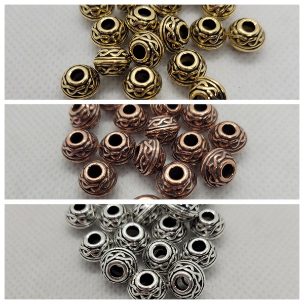 5 pcs Large Hole Celtic Barrel Bead, TierraCast, 8x6mm, Large Hole 3mm, Silver Gold or Red Copper, Lead Cadmium Nickel Free, HypoAllergenic