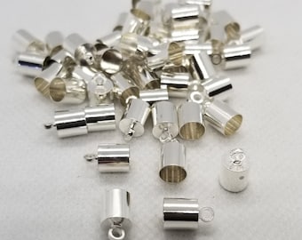 10 pieces Silver Cord Ends, Brass, Nickel Free, Silver Colour Plated, 9.5x6mm, Hole 1.1mm, 5.5mm inner diameter