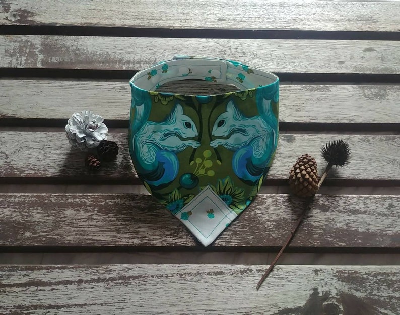 Cat bandana Pet bandana. Reversible and Adjustable Dog bandana Unique Free Spirit Squirrels on Khaki with Flowers