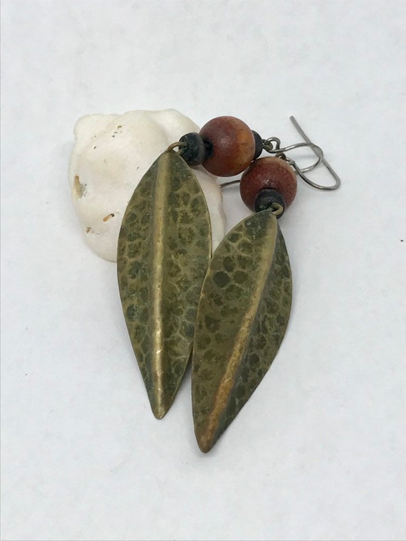 Hammered Metal Leaf Shaped and Wooden Bead Dangle… - image 3