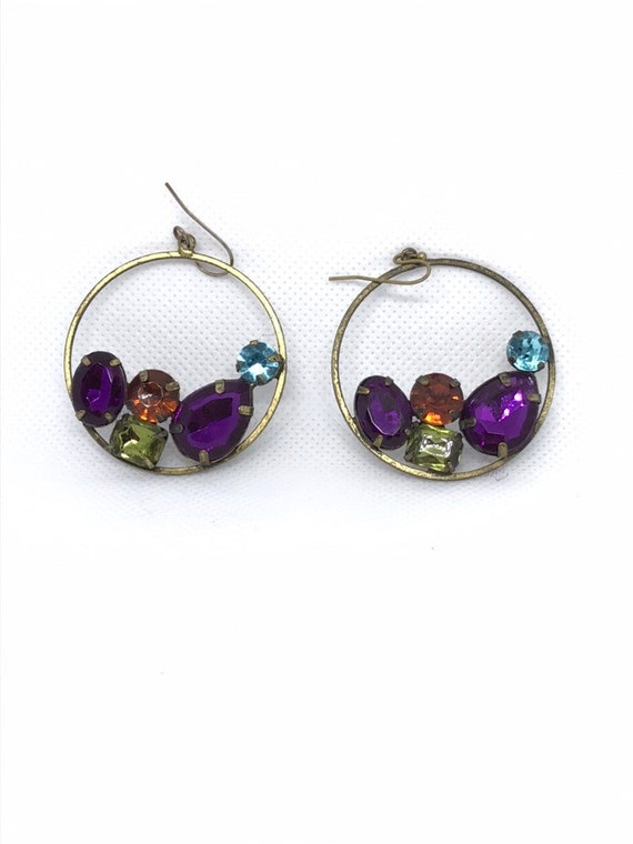 Vintage Colorful Rhinestone Dangle Hoop Earrings … - image 5