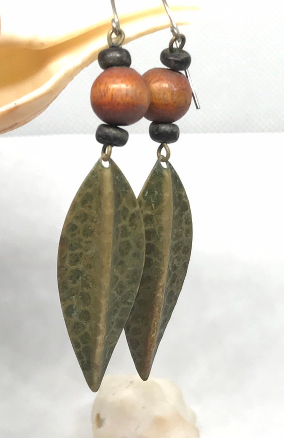 Hammered Metal Leaf Shaped and Wooden Bead Dangle… - image 6