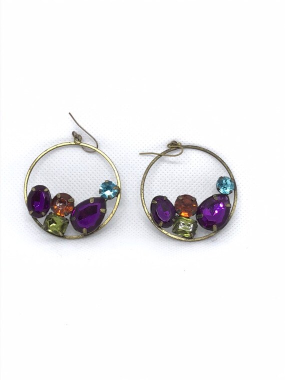 Vintage Colorful Rhinestone Dangle Hoop Earrings … - image 1