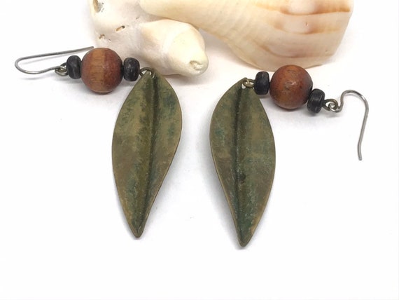 Hammered Metal Leaf Shaped and Wooden Bead Dangle… - image 7