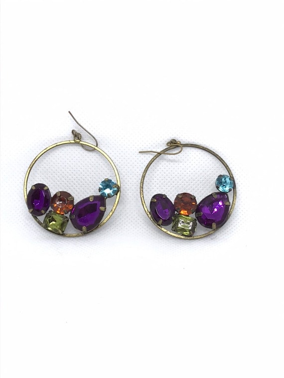 Vintage Colorful Rhinestone Dangle Hoop Earrings … - image 8