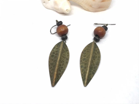 Hammered Metal Leaf Shaped and Wooden Bead Dangle… - image 1
