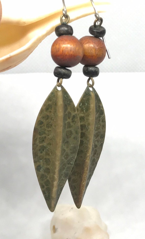 Hammered Metal Leaf Shaped and Wooden Bead Dangle… - image 4