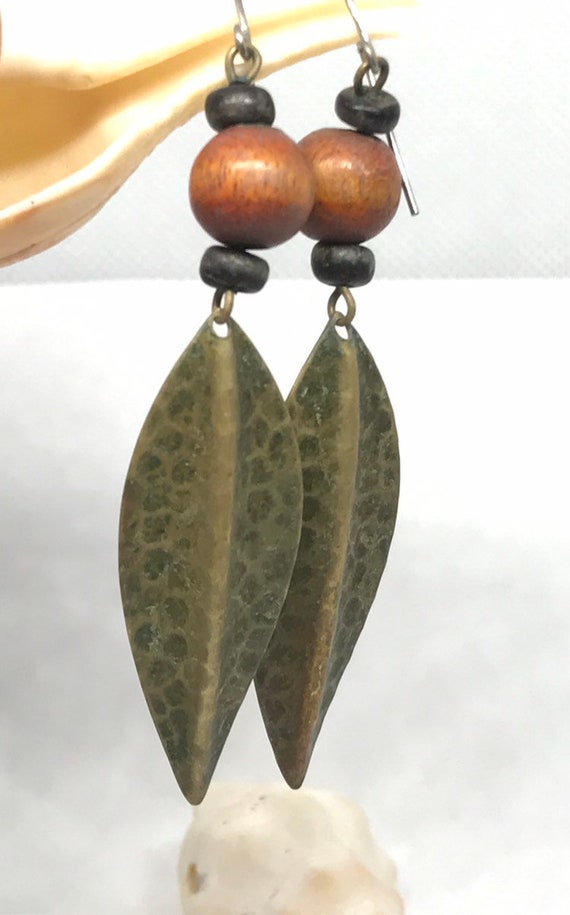 Hammered Metal Leaf Shaped and Wooden Bead Dangle… - image 2