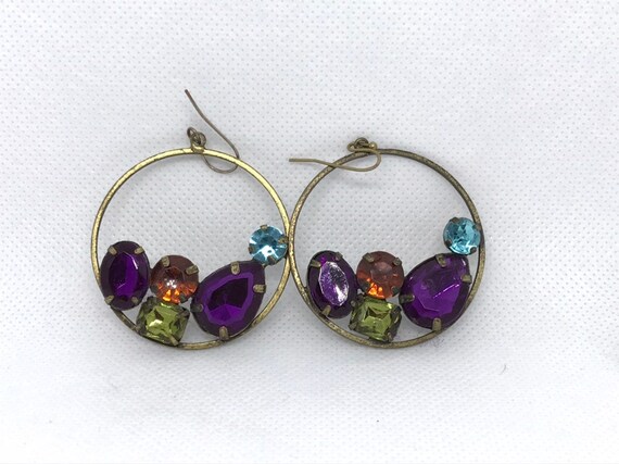 Vintage Colorful Rhinestone Dangle Hoop Earrings … - image 6