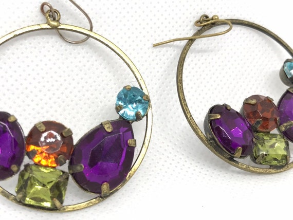 Vintage Colorful Rhinestone Dangle Hoop Earrings … - image 2