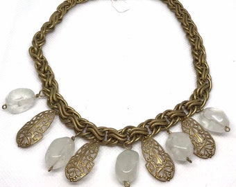 Vintage Sarah Coventry Gold Tone, Filigree, and White Natural Stone Necklace