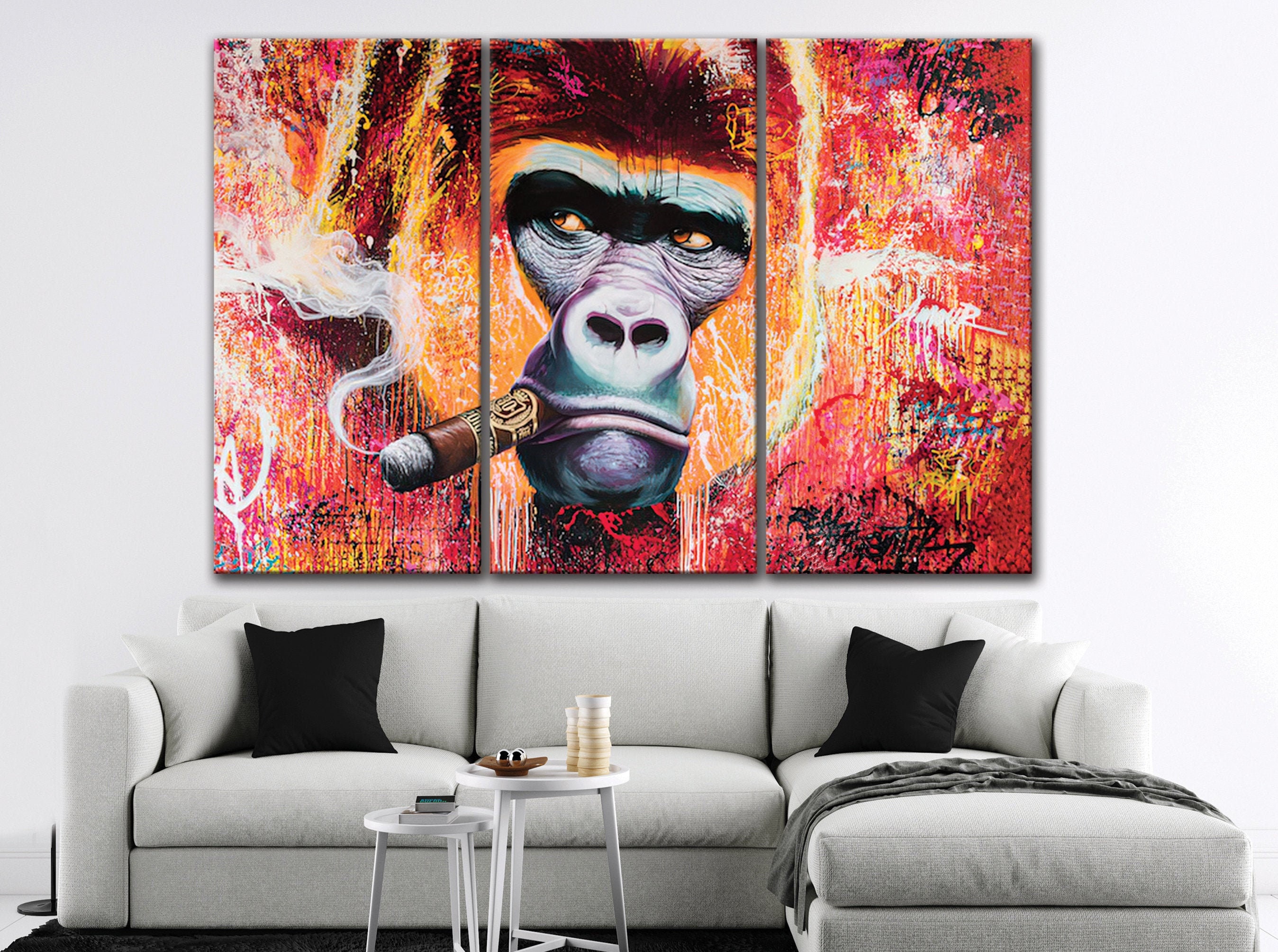 Gorilla Smoking Cigar Wall Art 3 Panels Banksy Gorilla | Etsy