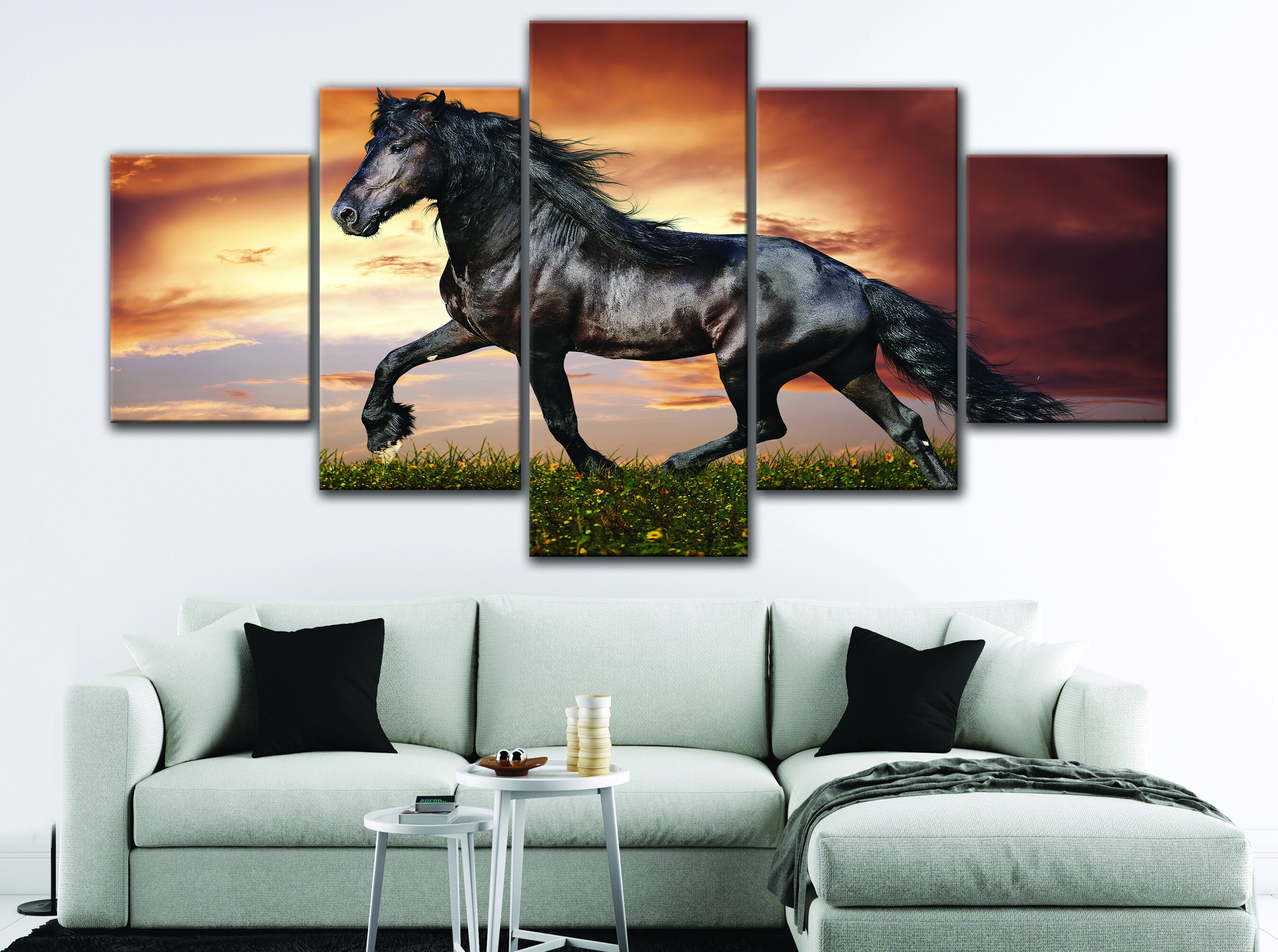 Black Horse Wall Art 5 Panels Galopping Horse Canvas Wild Etsy
