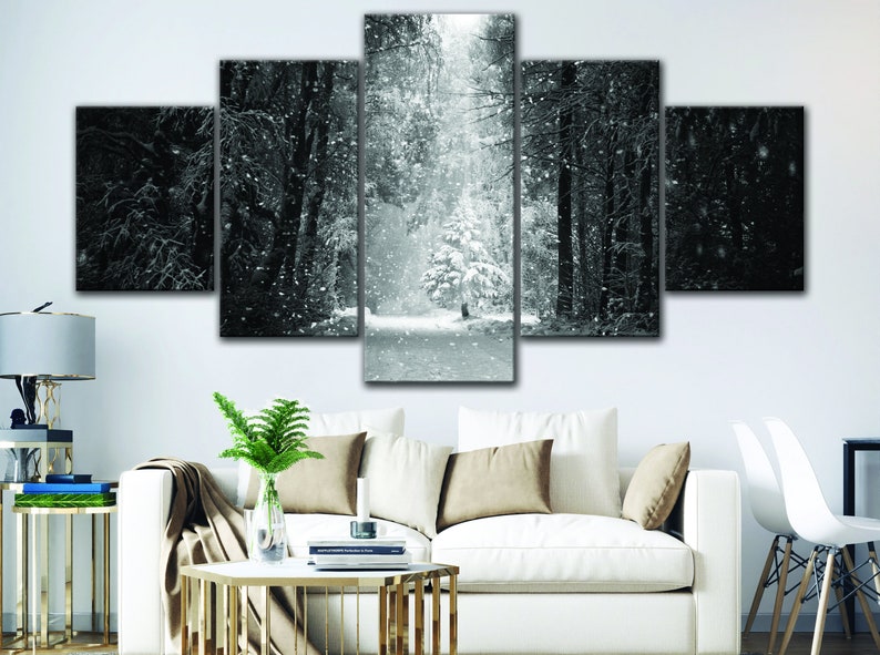Black & White Forest Canvas Art 5 Panels Snowy Forest Wall Etsy